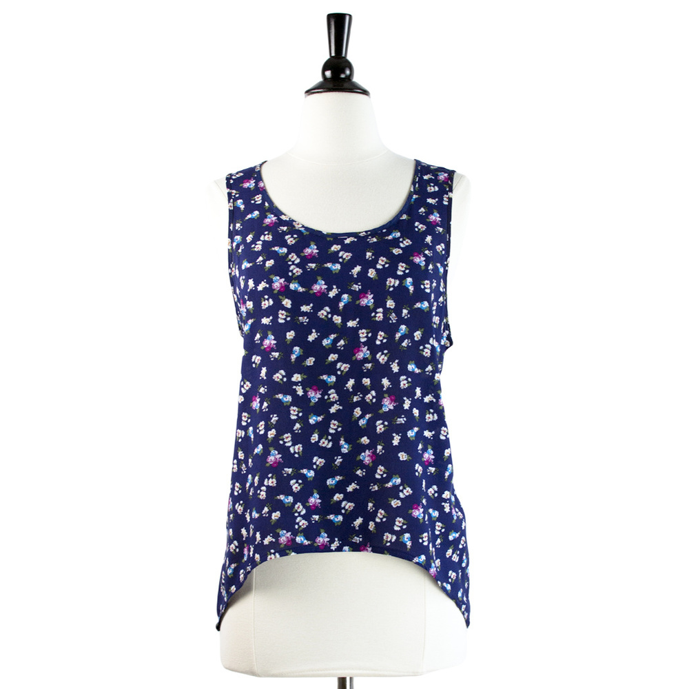 KLING | Blue Ditsy Floral Print Open Back Tank, Medium